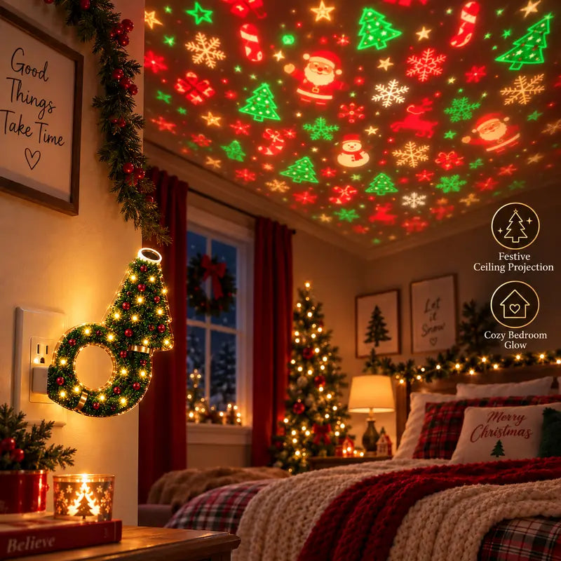 2026 USB Christmas Projector Night Light with 6+ Holiday Patterns, Warm LED Ceiling Lamp for Bedroom, Party, and Holiday Decor