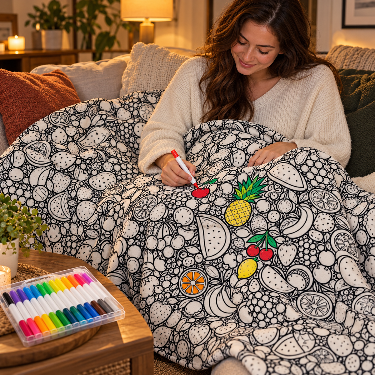 Fruit design DoodleThrow being colored on a sofa