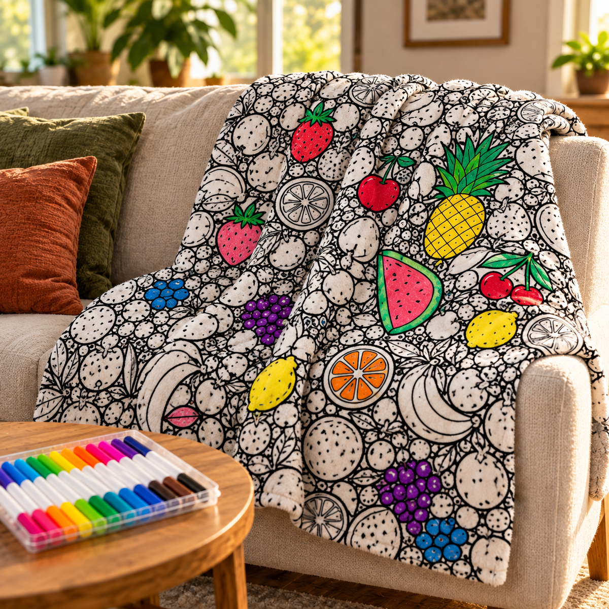 Partly colored Fruit design DoodleThrow on a sofa