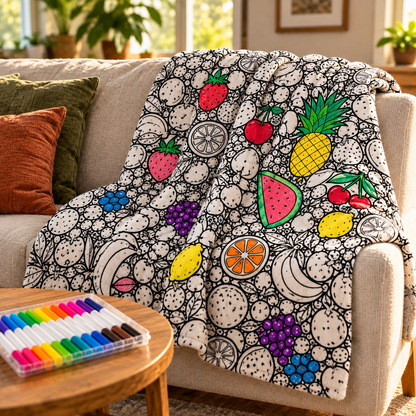 Partly colored Fruit design DoodleThrow on a sofa