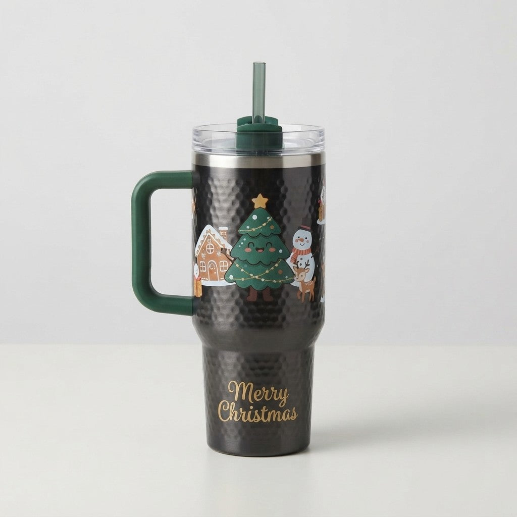 HoliSip™ 40 oz Insulated Holiday Tumbler with Handle & Straw