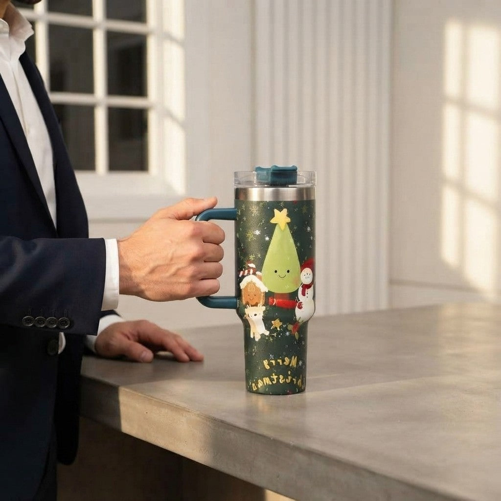 HoliSip™ 40 oz Insulated Holiday Tumbler with Handle & Straw