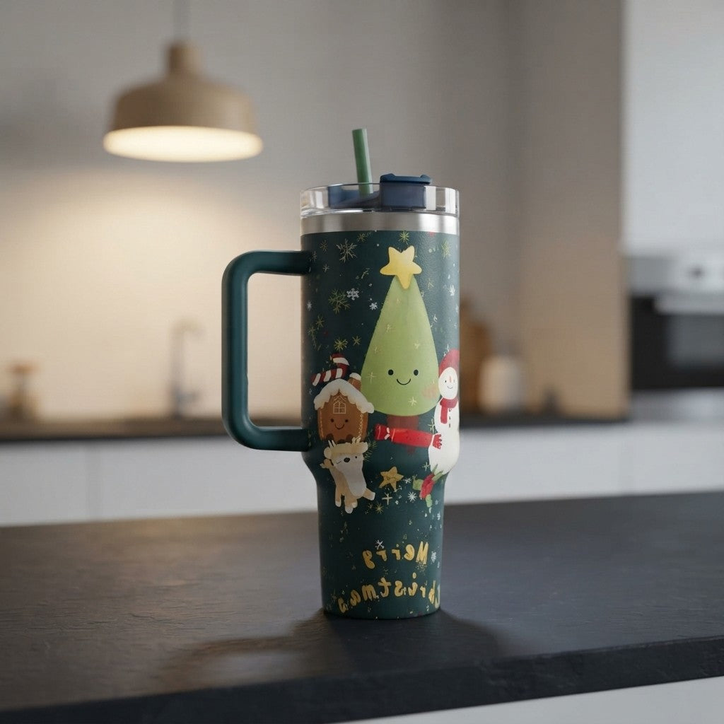 HoliSip™ 40 oz Insulated Holiday Tumbler with Handle & Straw