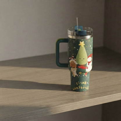HoliSip™ 40 oz Insulated Holiday Tumbler with Handle & Straw